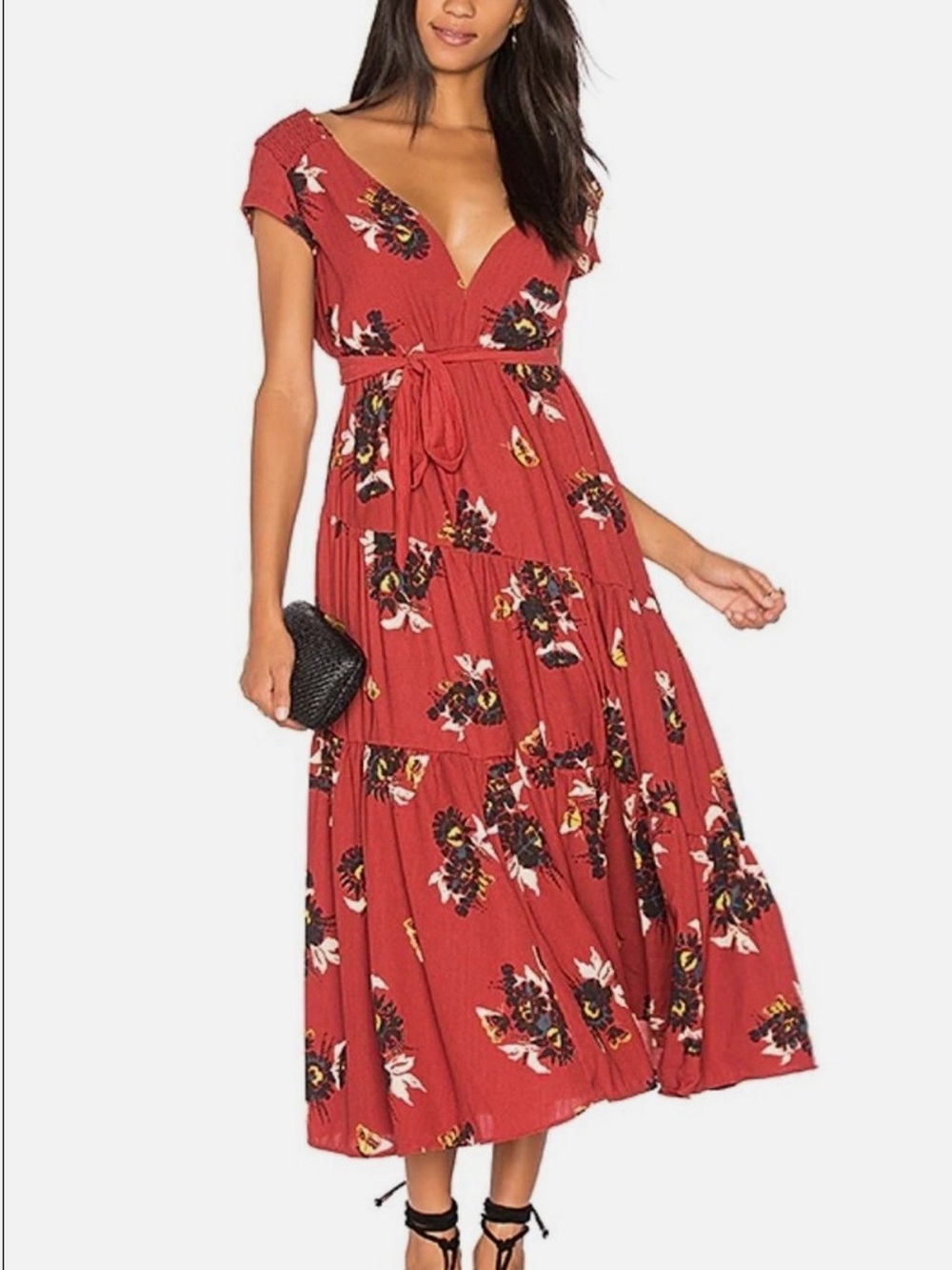Free People Rust Floral V-Neck Tiered Maxi Dress